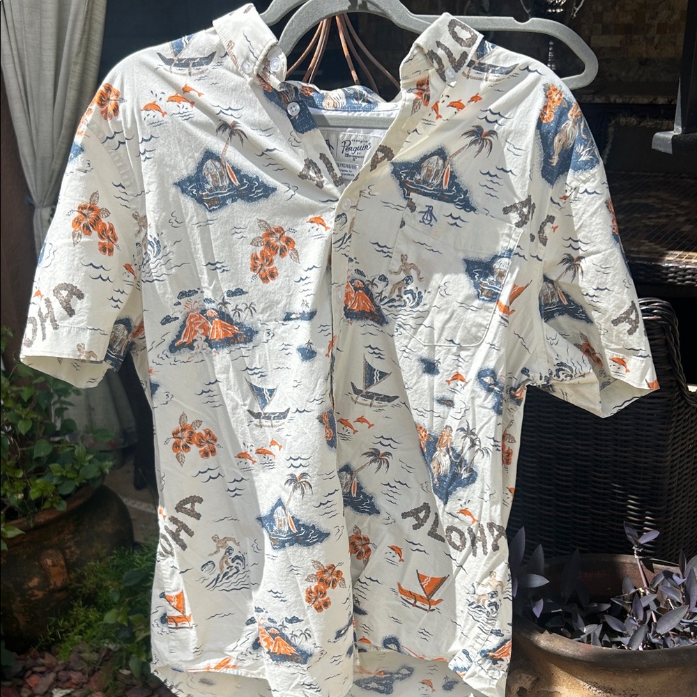 Aloha Print Short-Sleeve Shirt - White with Blue & Orange
